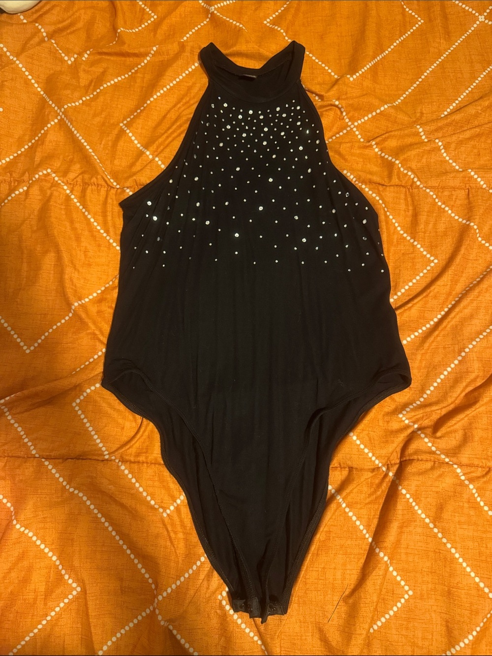 SHEIN Black Halter One-Piece Bodysuit with Rhinestone Accent